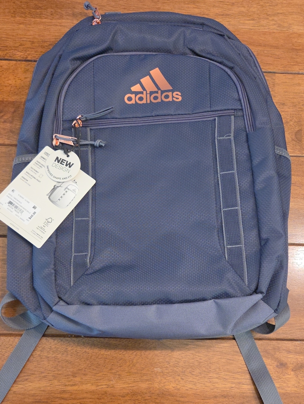 adidas Navy Backpack with Rose Gold/Copper Logo Accents- Large